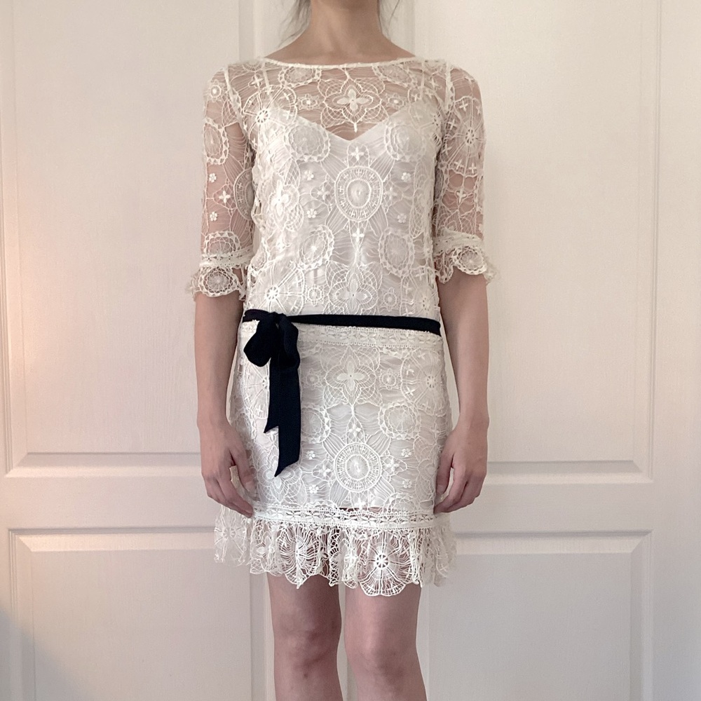 Polo Ralph Lauren White Lace Dress with Black Tie